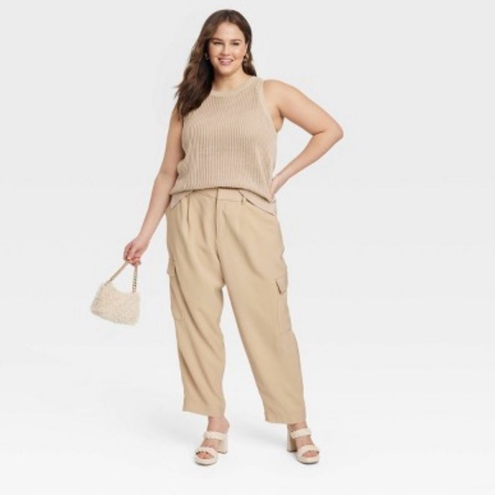 A New Day Tan Rayon Tapered Ankle Cargo Pants Size 16